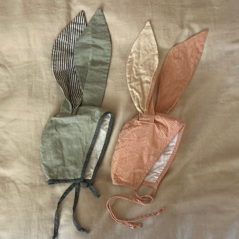 Matching sibling or cousin Briar long-eared rabbit Easter bonnets linen-cotton
